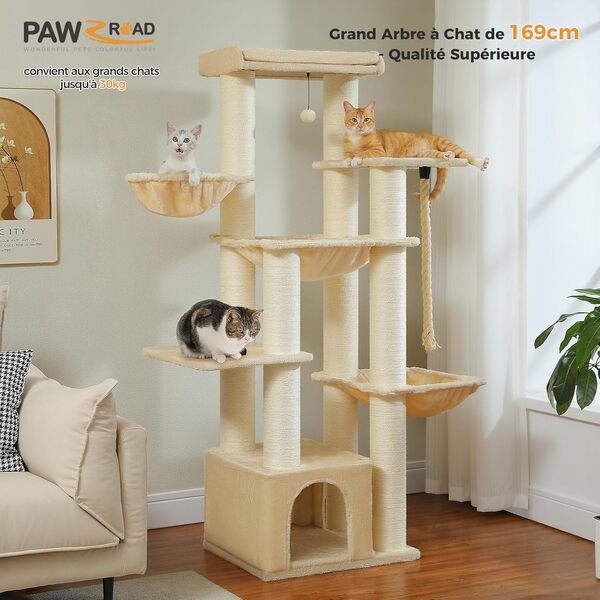 PAWZ Road Grand Arbre à Chat Hauteur 169 cm，Multi-Niveaux avec Poteaux XXL 11 cm en Sisal, Corde à Griffer Épaisse, Condos Spacieux, Hamac Robuste et Grand Perchoir, Beige