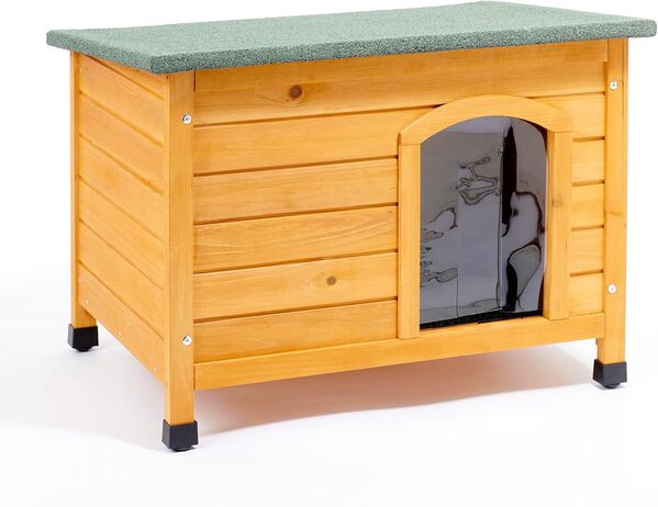 Feel Good Niche en bois pour chien avec panneaux à rainure et languette avec toit relevable, protection contre la pluie et le vent, idéale pour les chiots de petite race miniature.