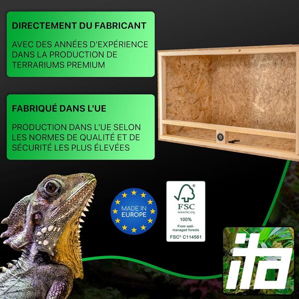 ITA Terrarium pour Tortues 120x60x60 cm avec Toit Ouvert & hygromètre intégré - Terrarium en Bois OSB-3 - pour Tortues et Autres Animaux - Produit UE
