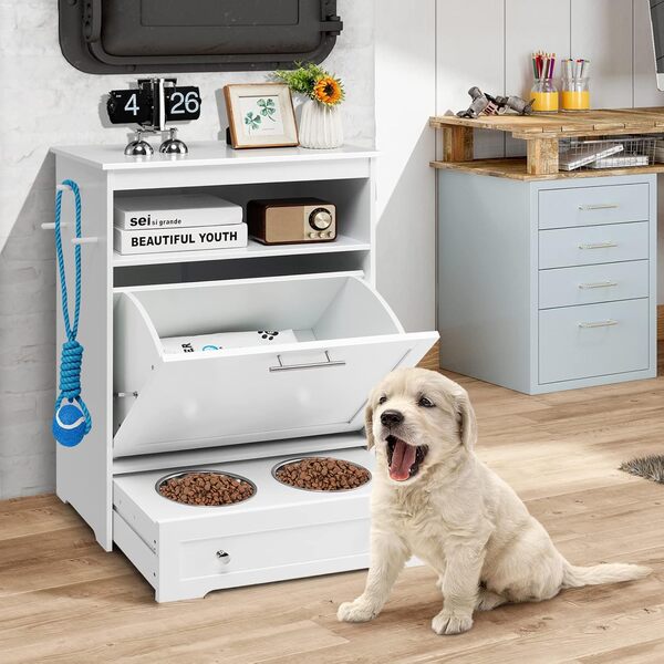 GOPLUS Meuble de Rangement pour Animaux de Compagnie avec 2 Gamelles en Acier Inoxydable, Armoire d’Alimentation avec Grand Espace et Dispositif Antidumping, Meuble pour Chat ou Petit Chien