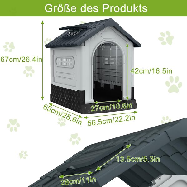 Aufun Niche pour animal de compagnie - En plastique - Imperméable - Isolée - Avec grille d'aération et sol surélevé - Pour l'extérieur et l'intérieur - 65 x 56,5 x 67 cm - Gris