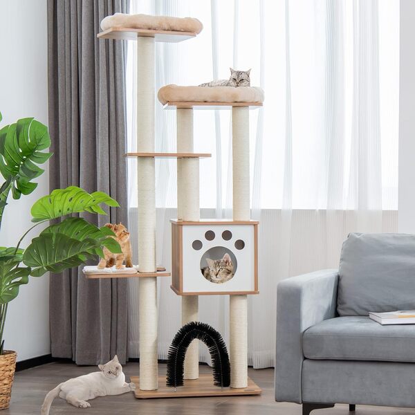 COSTWAY Arbre a Chat XXL en Bois 176 cm, 4 Poteaux à Griffer en Sisal, 5 Plateformes, Condo, Brosse d'Toilettage, Arbre a Chat Maine Coon, Tapis Amovible, pour 4-6 Chats, 59 × 59 × 176 cm, Naturel