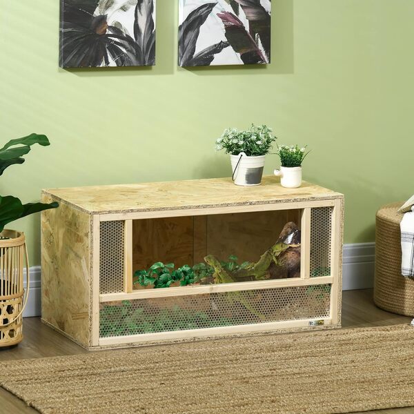 PawHut Terrarium en Bois OSB pour Reptiles et batraciens avec Porte coulissante en Verre - 80 x 40 x 40 cm Naturel