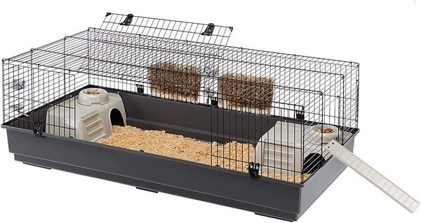 FERPLAST Cage Rongeurs Rabbit 140 Cage Lapins, Cochons d'Inde, Cochons d'Inde, Accessoires Inclus : Mangeoires, Abreuvoirs, Abreuvoirs, Maisonnettes, Rampe d'accès par l'extérieur. 140x71xh51cm
