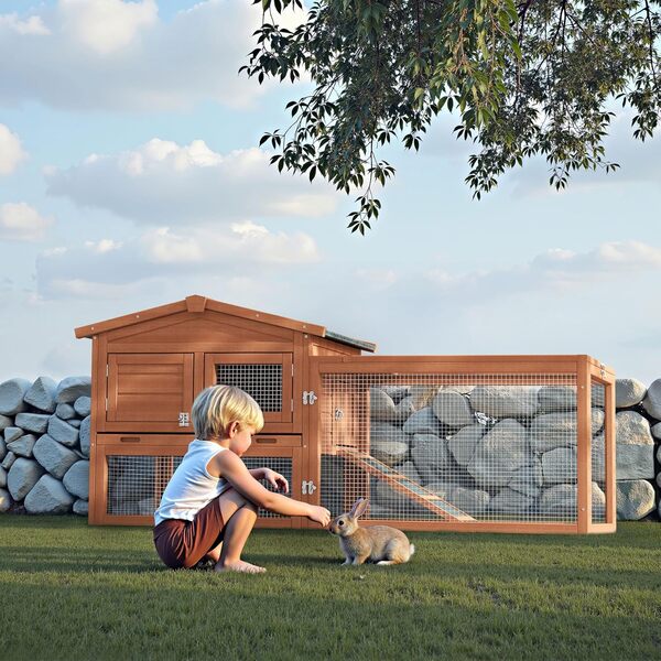 Wiltec Clapier XXL – 1560 x 520 x 680 mm – 2 étages – Toit bitumé – Bois Sapin – avec Maisonnette superposée, Rampe, Enclos et bac Amovible – Abri Cage rongeurs Lapinière Nichoir Espace Libre