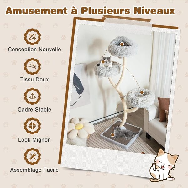 GOPLUS Arbre a Chat Moderne Hauteur 178 CM, Design Incurvé, Arbre à Chat avec Griffoirs et Planche en Sisal, 3 Perchoirs Chauds à 3 Niveaux, 3 Balles, Cadre en Métal, Idéal pour d'Intérieur (Gris)