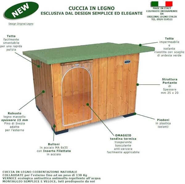 Achetez à l'usine Niche en Bois pour Chiens d'Extérieur Renforcée Cadeau Rideau Fabriqué en Italie Modèle Italy Taille B - Caniche 73x56xH51