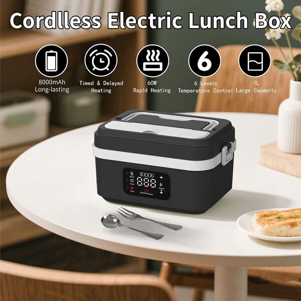 Gamelle Chauffante avec Batterie, 1L Lunch box Chauffante, Chauffage Programmable, 60W, 2*4000mAh Rechargeable Batterie, avec Minuterie et Sac Isotherme, pour Travail, Voiture, Chantier (Vert)