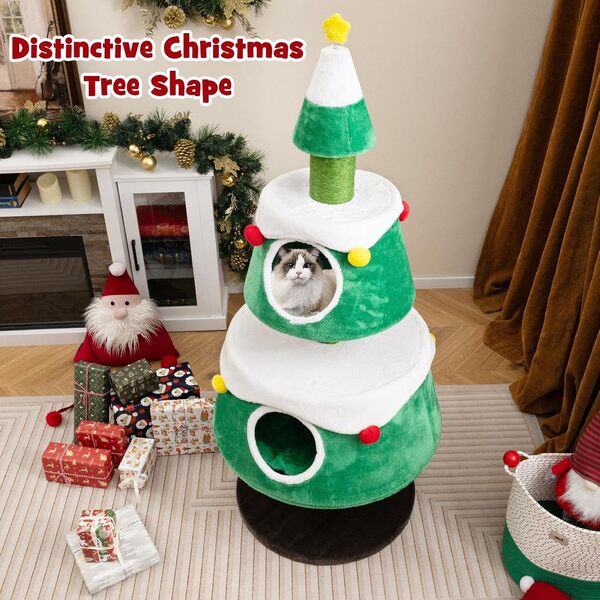 SOARS Arbre à Chat Noël de 153 cm de Haut, avec Maison à Double Couche en Peluche, Grotte, Poteau à Griffer, Plateforme et Balle, Tour pour Chat, en Forme de Tour de Sapin de Noël
