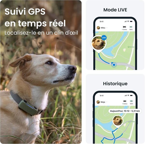 Tractive – Collier GPS Chien Connecté, Bundle avec Coque Olive | Édition 2025 | Localisation GPS en Direct | Alertes Anti-fugue et de Santé | Moniteur de Signes Vitaux | Leader du Marché (Noir)
