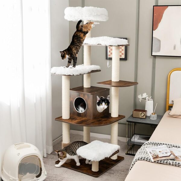 GOPLUS Arbre a Chat en Bois, 87 x 87 x 175 CM, 6 Niveaux, Arbre a Chat XXL avec Plateformes, Coussins Confortables, Poteaux en Sisal, Niche pour Couchage, Conception Anti-Bascule, Brun+Naturel