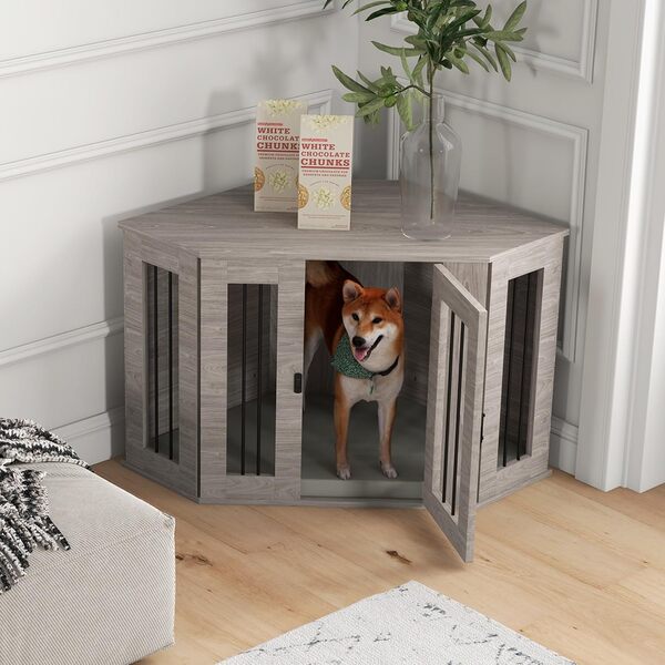 PawHut Cage pour chien, niche rectangulaire avec coussin, maison pour chien avec verrou de porte, cage pour animaux de compagnie pour chiens de taille moyenne, noyer, 104 x 55 x 63 cm