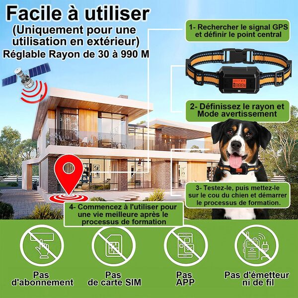 Collier Anti Fugue sans Fil GPS pour Chien pour Extérieur, 30-999M Réglable Amélioré Clôture Anti-Fugue, IPX7 Étanche Précise Chien Électrique Système Clôture, Nouvelle Puce Signal GPS Intelligente