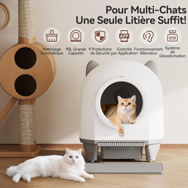 Devoko Litière Chat autonettoyante Oreilles de Chat | Litière Automatique 90L contrôlée par Application | Auto-nettoyante, sécurité et neutralisation d'odeurs, pour Plusieurs Chats