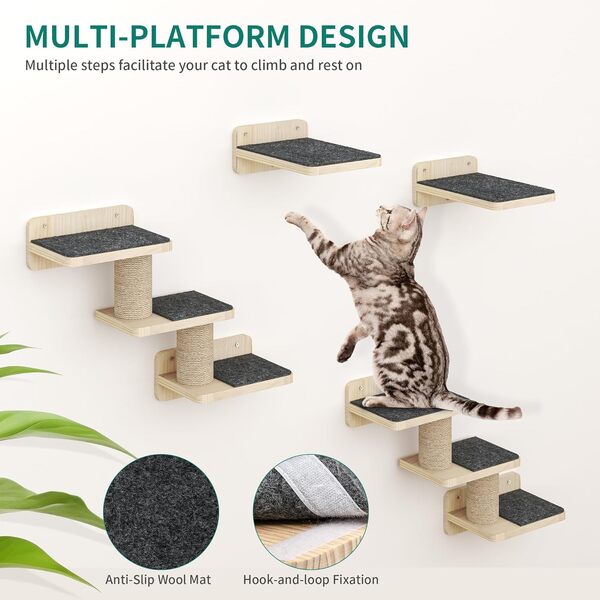 YITAHOME Lot de 8 Murs d'escalade pour Chat, Arbre à Chat Mural avec 1 Escalier/2 Plates-Formes et 2 échelles avec Tapis Antidérapants/1 Poteau en Sisal avec Grande Plate-Forme/Lit avec 2 Gamelles