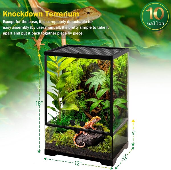 Terrarium professionnel en verre de 30,5 x 30,5 x 45,7 cm avec cadre en alliage d'aluminium résistant à la chaleur, deux portes battantes avant pour éviter les bourrages causés par le sable