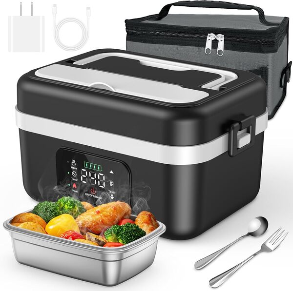 Kwoxet Gamelle Chauffante 1000ML Sans Fil | Lunch Box avec Batterie 16000mAh USB-C | 6 Niveaux Température, Minuterie, Maintien au Chaud | Pour Bureau, Chantier, Voiture