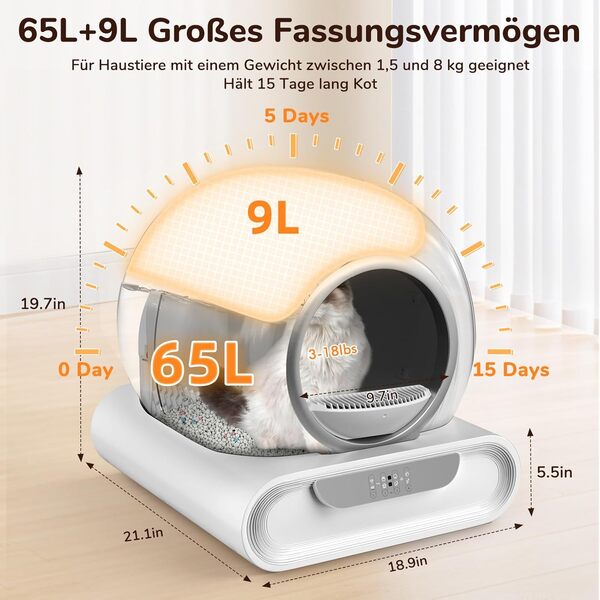 LeadGoods Bac à litière autonettoyant, pas de chat coincé, 10 capteurs, contrôle par application, désodorisation ionique, bac à déchets de 9 litres, litière autonettoyante confortable pour votre chat.