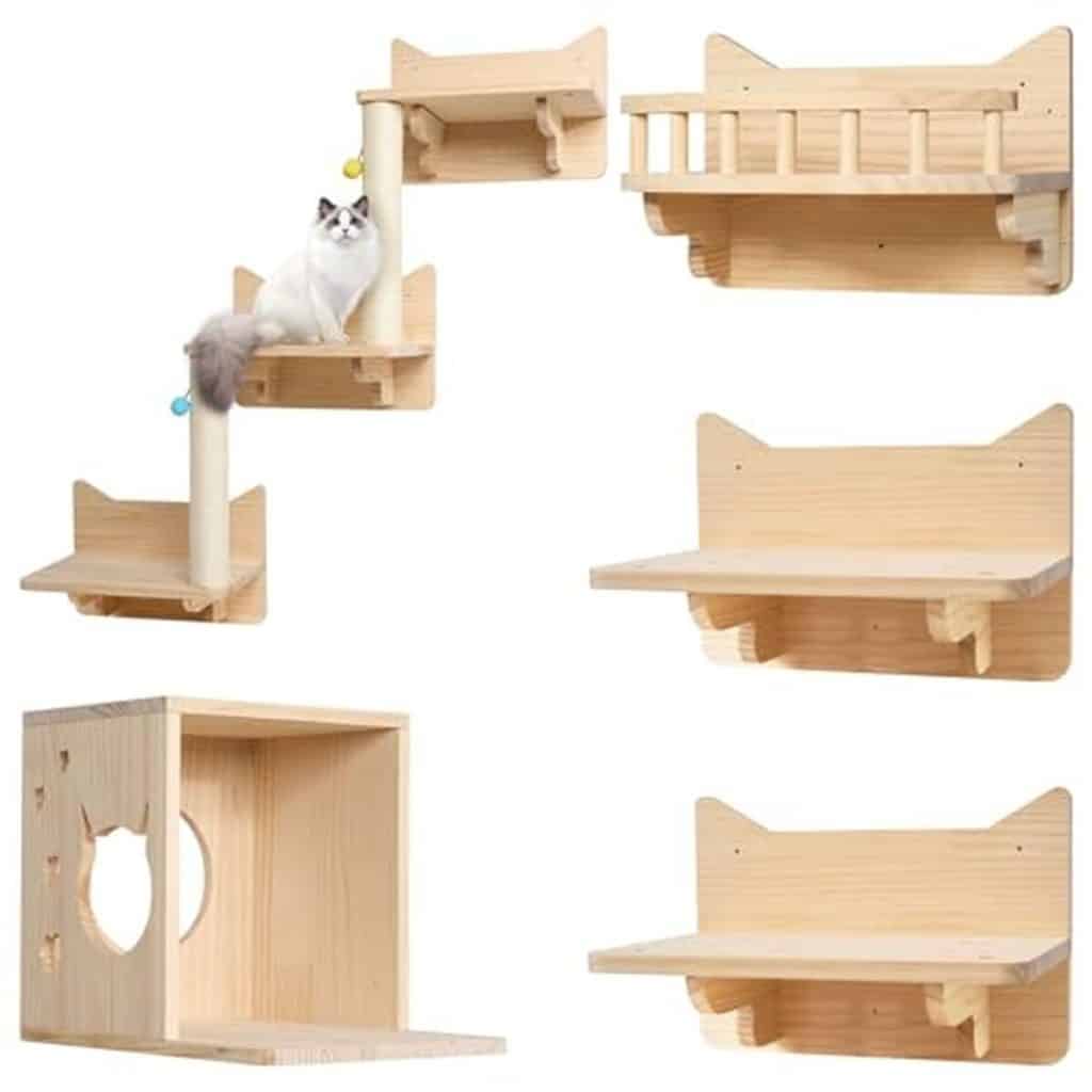 Test Ricyea mur d'escalade pour chat : lot de 5 étagères en bois