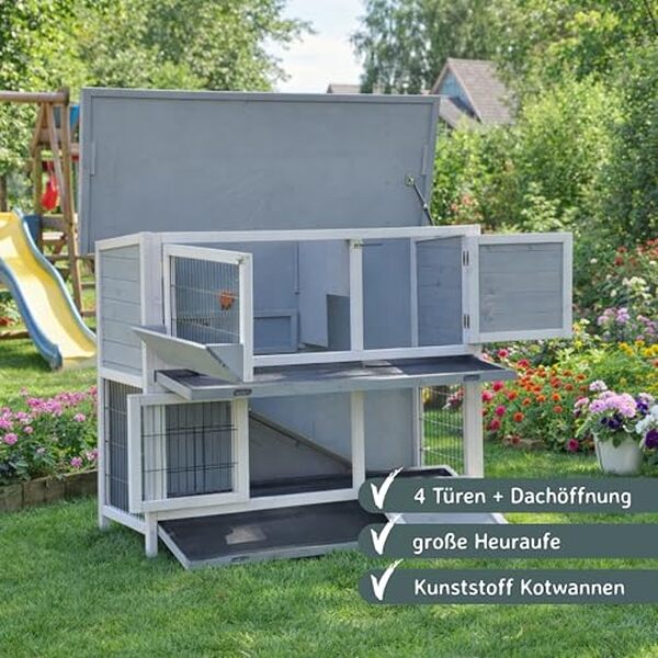 Découvrez le clapier Bommel Nanook, un habitat deux niveaux au design blanc et gris pour vos lapins. Confortable, spacieux et esthétique pour le bien-être de vos animaux.