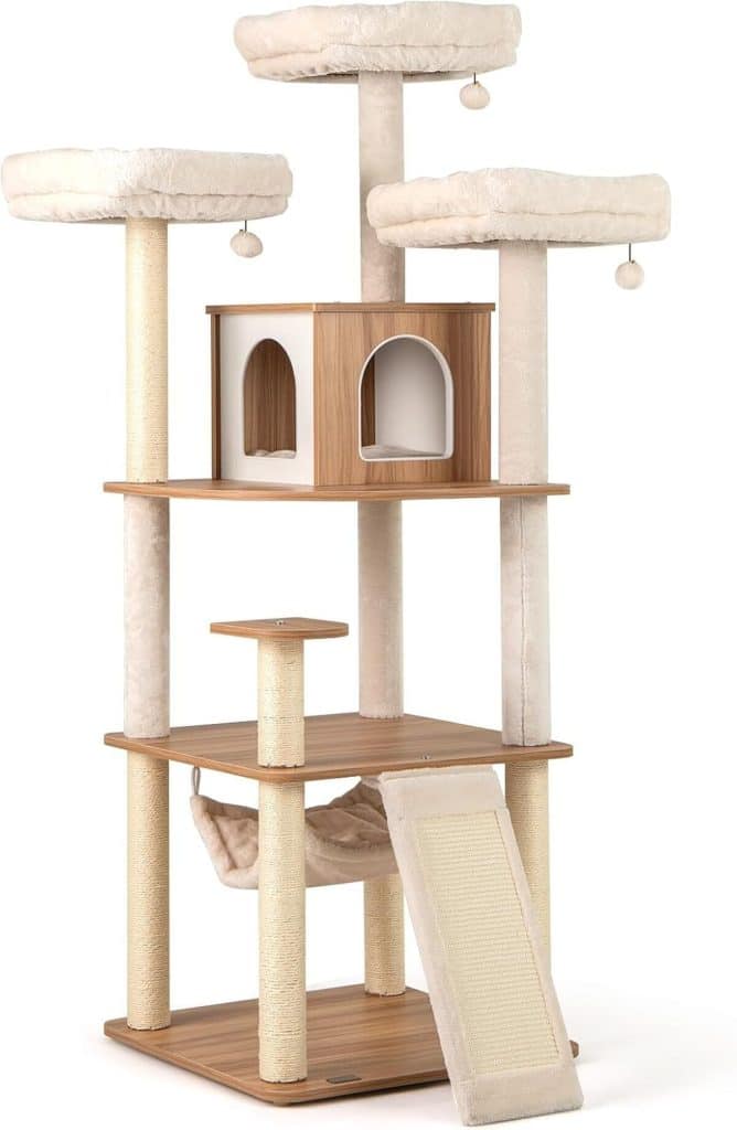 Test GOVLUS arbre à chat XXL 168 cm : trois perchoirs et accessoires intégrés