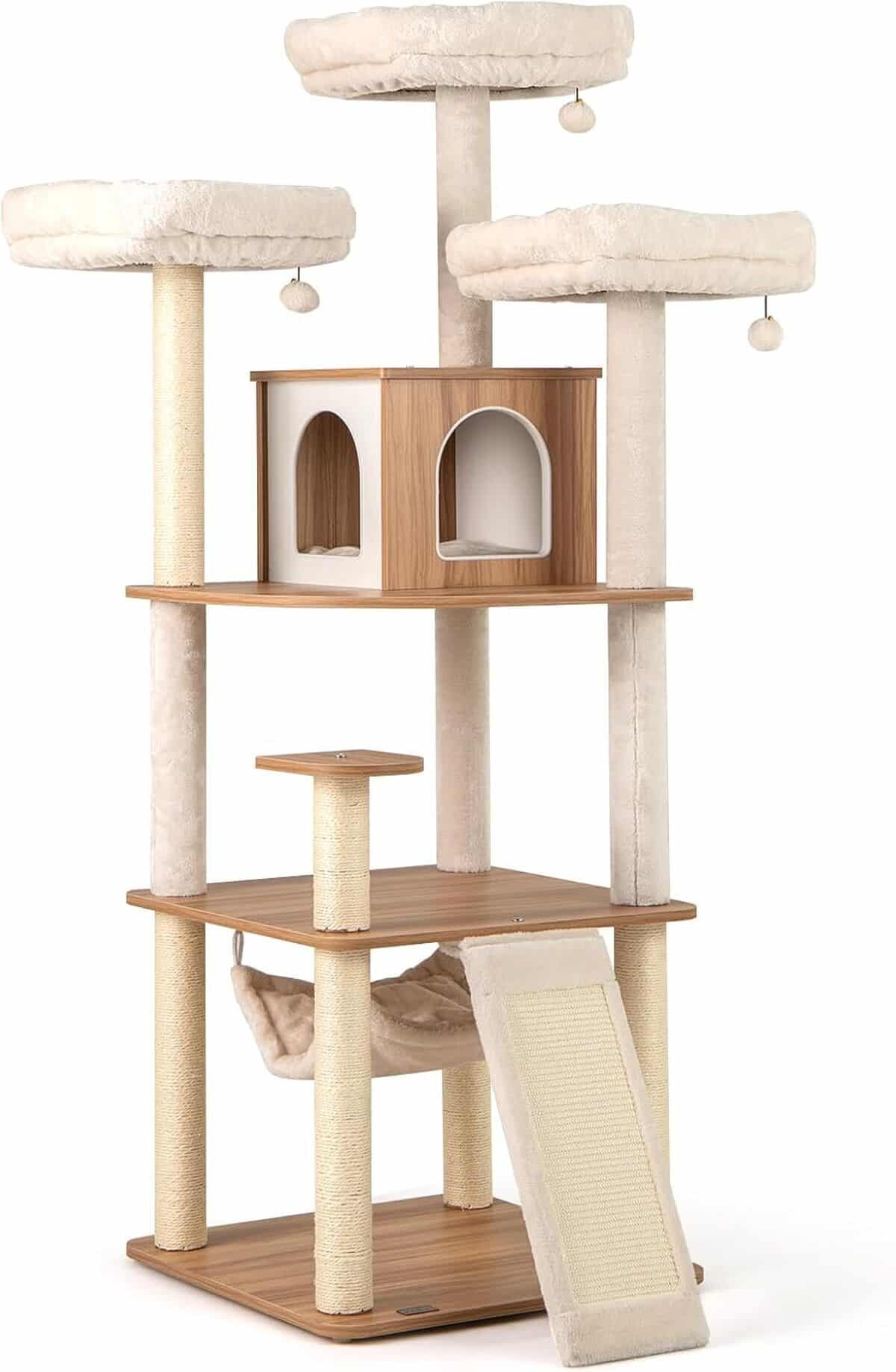 Test GOVLUS arbre à chat XXL 168 cm : trois perchoirs et accessoires intégrés